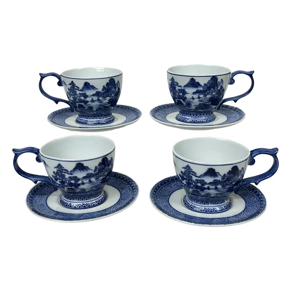 Bombay Four Mountains Blue White Porcelain Teacups Saucers Asian Landscape Set 4
